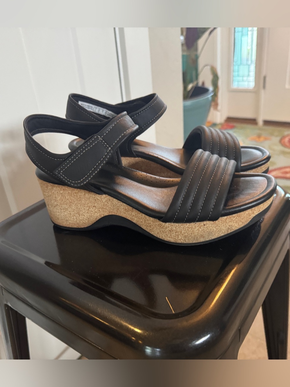 Clarks Black Cork-Platform Wedge Sandals